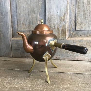 Copper Chocolatier Pot, Brandy Warmer, Chocolate Warmer, Brass. Copper Rivets, Wood Handle, French Cuisine, KH 