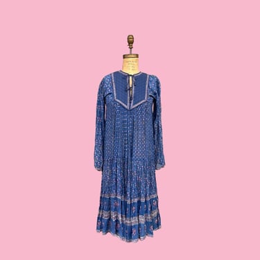 Vintage Starina Dress Retro 1970s Creation Paris + Made in India + 100 % Cotton + Gauzy + Block Print + Size Medium + Quilted Bib + Womens 
