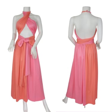 1960's Pink Orange Color Blocked Poly Maxi Skirt Halter Top Dress Set I Sz Sm 