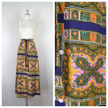 Vintage 1970s maxi skirt, button front, psychedelic, paisley, neon, nwt, nos 