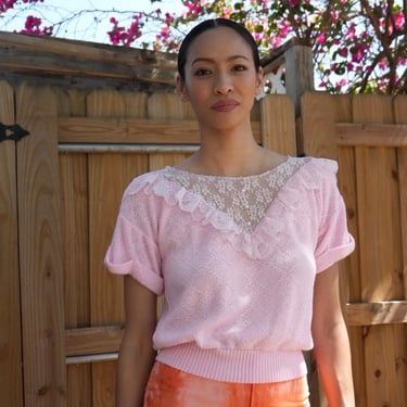 80s Pink Sweater / Lacey See Through Sweater / Knit 1980's Sweater / Vintage Slim Cut Fit Sweater Knitwear / Baby Pink Cute Sweater 