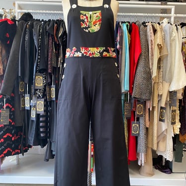 vintage 1990s black cotton overalls floral trim cropped length deadstock small 