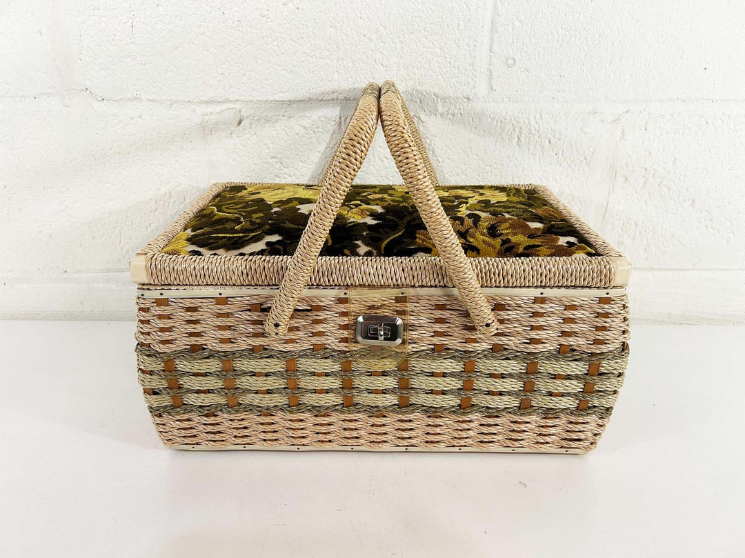 Vintage Sewing Basket Knitting Crocheting Textile Blue