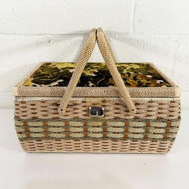 Vintage Sewing Basket Knitting Crocheting Textile Blue Floral Power Carry Notions Storage Mid-Century 1970s 1960s 