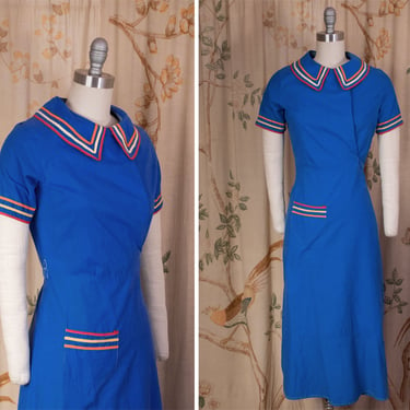1930s Dress - Charming 30s Cotton Wrap Style Day or House Dress with Bright Piping Trim 