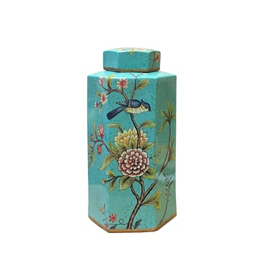 Turquoise Hexagonal Porcelain Flower Birds Graphic Vase Jar ws2650E 