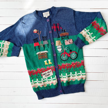 cottagecore sweater | 90s vintage Susan Bristol blue green yard sale novelty embroidered streetwear aesthetic cardigan 