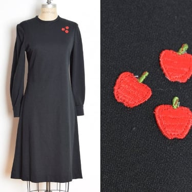 vintage 70s dress black embroidered apples knit hippie boho midi XS S clothing 