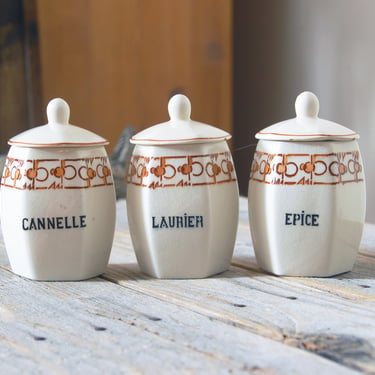 Vintage French spice canister set / antique 3 piece spice canisters / cinnamon, laurel & spice jars / cottage kitchen containers / brocante 