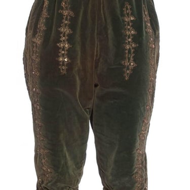 Victorian Green Cotton Velvet Rare Men's Antique Theatrical Pants With Metallic Silver Embroidery 
