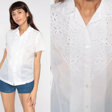 White Embroidered Blouse 80s Boho Top FLORAL Eyelet Button Up Shirt Short Sleeve Hippie 1980s Vintage Bohemian Collared Blouse Small S 