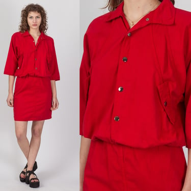 80s Red Snap Up Mini Dress - Medium | Vintage Half Sleeve Collared Blouson Dress 