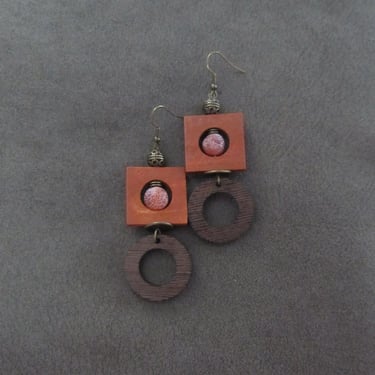 Bold brown and orange wooden geometric earrings 