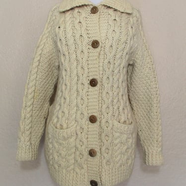 Vintage 1950s Andion Hand Knits Cardigan Sweater, Small Women, Hand Knit, Beige Wool, Made in Ireland 