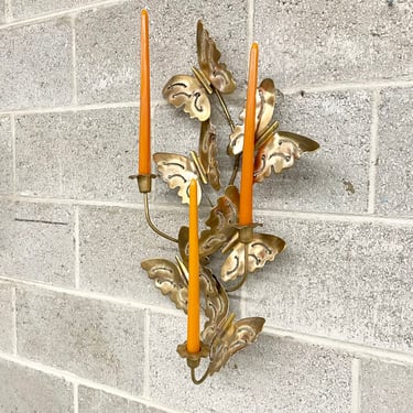 Vintage Candle Wall Sconce Retro 1970s Butterflies + Triple Candle Holder + Brass Metal + Mid Century Modern + Home and Wall Decor 