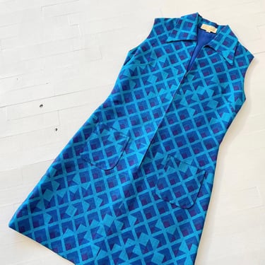 1960s Zip Front Geometric Silk Dress 