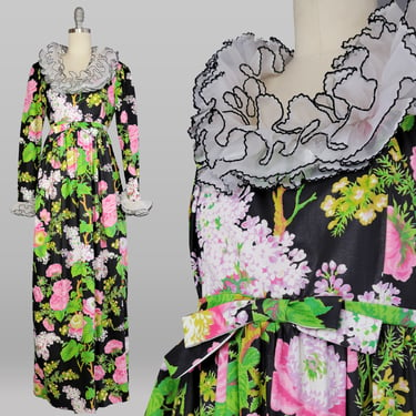 1960s Maxi Dress / Floral Maxi Dress with Ruffled Sleeves and Neckline / Size Medium 