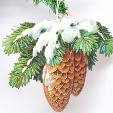 Antique 1930's Die Cut Pine Cones with Green Leaves & Snow Christmas Ornament, Vintage 