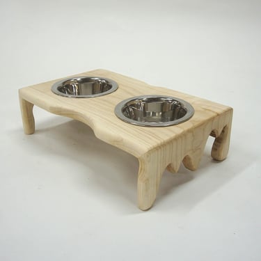 Wood Pet Bowl, Modern Pet Feeding Tray with Dripped Edge Design and Metal Bowls - Maple 