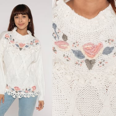 90s Floral Sweater White Brocade Knit Embroidered Sweater Scalloped Crochet Trim Mock Neck Flower Print Pullover Jumper Vintage 1990s Medium 