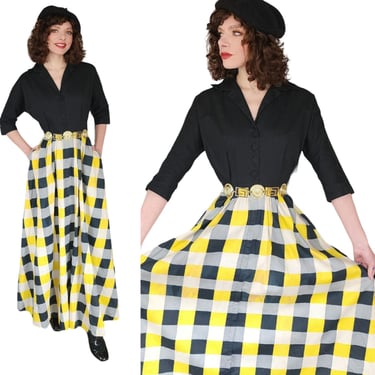 Vintage 40s Black + Yellow Dress Shirtwaist Style by Raymond 
