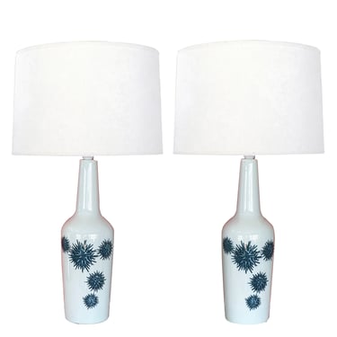 pair of Danish mid-century blue &amp; white porcelain table lamps by Royal Copenhagen for Fog &amp; Morup