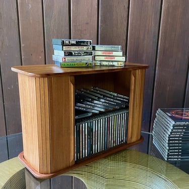 1980s Teak Tambour Door Wall Cabinet Tabletop Organizer Box Vintage Late Mid-Century Slatted Sliding Danish Modern Style 