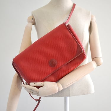 1980s Liz Claiborne Red Logo Leather and Vinyl Shoulder Bag 