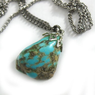 Vintage Turquoise Nugget Necklace Pendant on Silver Chain / Boho Seventies Natural Turquoise Jewelry 