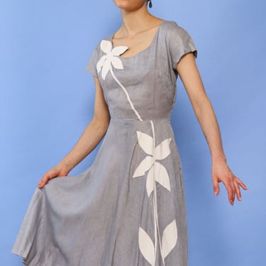 1950s Dove Grey Linen Appliqué Dress S