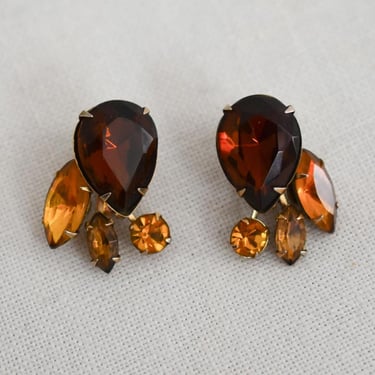 1950s/60s Beau Jewels Brown and Orange Rhinestone Clip Earrings 