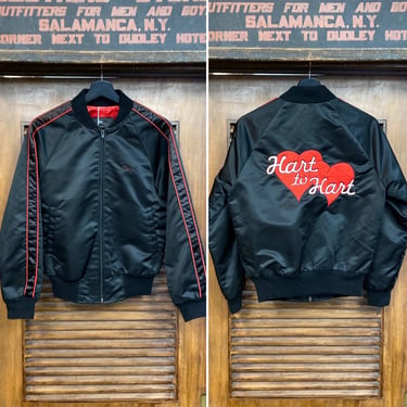 Vintage 1980’s “Hart to Hart” Heart Logo TV Show Satin Black Bomber Jacket, 80’s Vintage Clothing 