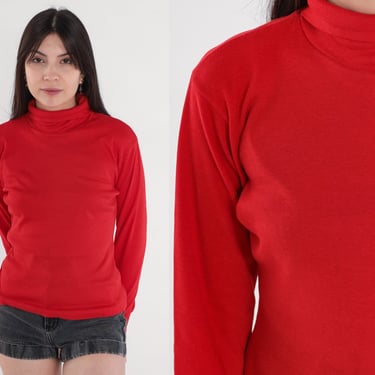 Red Turtleneck Shirt 80s Long Sleeve Shirt Pullover Top Funnel Retro Turtle Neck Simple Plain Cotton Blend Vintage 1980s Medium 