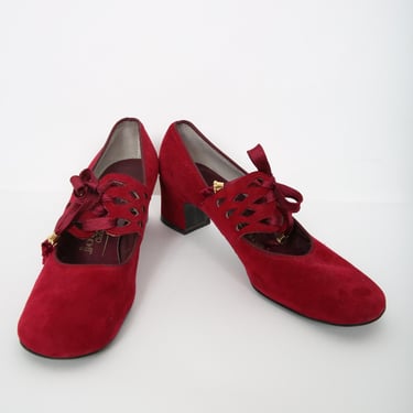 Vintage Red Suede Cut Out Mary Jane Shoes Heels Hippie Hippy Retro 
