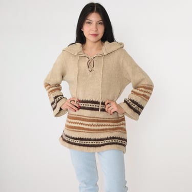 Vintage 70s Alpaca Wool Hooded Sweater Beige Brown Striped Knit Bell Sleeve Pullover Chilean Knit Hoodie Corset Neck Boho Hippie Medium 