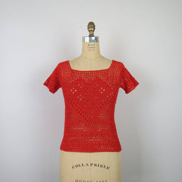 Vintage crochet top red cotton pullover heart shell square neck sheer 