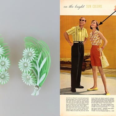 Climb the Summer Skies - Vintage 1950s 1960s NOS Bright Green & White Soft Plastic Floral Climber Clip On Earrings 