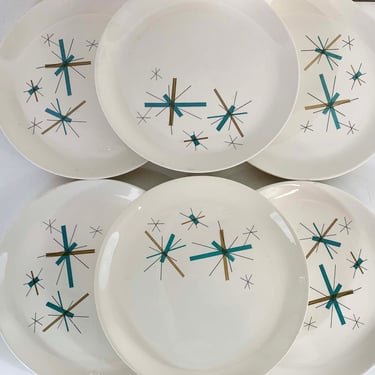 Vintage Salem North Star Set of 6 Large Dinner Plates Hopscotch Mid Century Atomic Aqua Blue China MCM Mad Men 1950s 