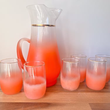 1950s Frosted Peach Pitcher and Juice Glasses by Blendo.  Retro Frosted Glass. 