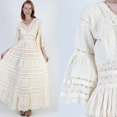 Cream Mexican Wedding Pintuck Dress / South American Crochet Lace Gown / Vintage Ethnic Angel Bell Sleeves Maxi 