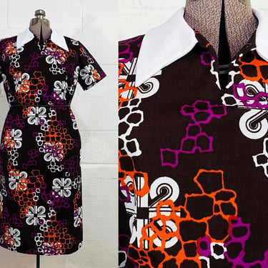 Vintage Tiki Dress Brown Purple Orange White Mod Short Sleeve Shift Mid-Century Twiggy 70s 1970s 60s 1960s Plus Curvy Volup XL XXL 1XL 1X 