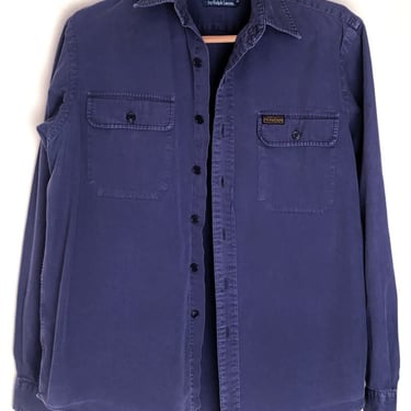 80's Vintage Mens RALPH Lauren POLO Shirt Button Down Blue Cotton Chambray LARGE Size, Denim Work Shirt Oxford Long Sleeve 1970's, 1980s 