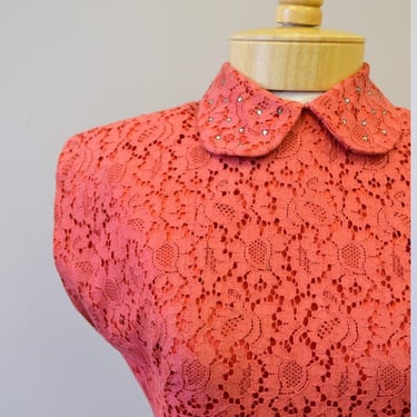 1950s Coral Lace and Rhinestone Fishtail Wiggle Dress 