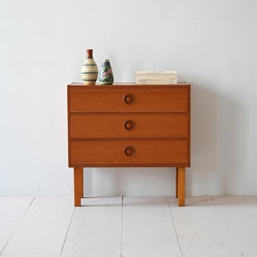 Vintage Scandinavian Teak Nightstand with Three Drawers and Sculpted Wooden Knob, 1960s Design 