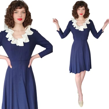 Vintage 60s Navy Blue Dress White Ruffled Collar Marshall Field & Co 