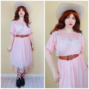 1980s Vintage Pastel Pink and Mint Floral Cut Work Dress / 80s Floral Embroidered Lattice Blouse and Elastic Rayon Skirt / Size Large - XL 