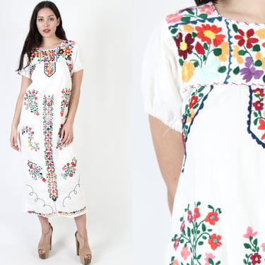 Traditional Long Womens Hand Embroidered White Cotton Mexican Maxi Dress 