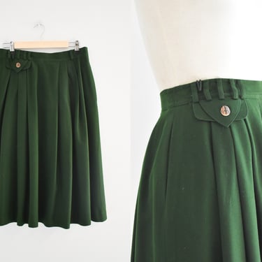 1980s Pine Green Wool Pleated Midi Skirt 