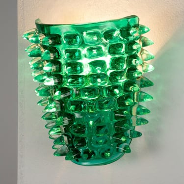Beautiful large wall lamp with green spikes, Murano glass  thick and transparent, gold finish frame 