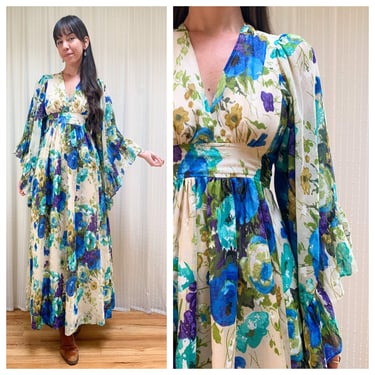 70s angel sleeve watercolor floral dress 